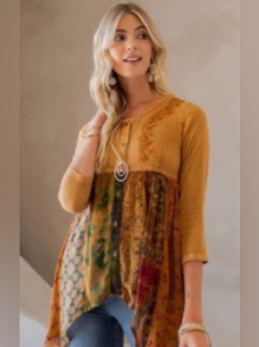 Young Threads flowy Patchwork Button Front Tunic in rustic Mustard Multi color